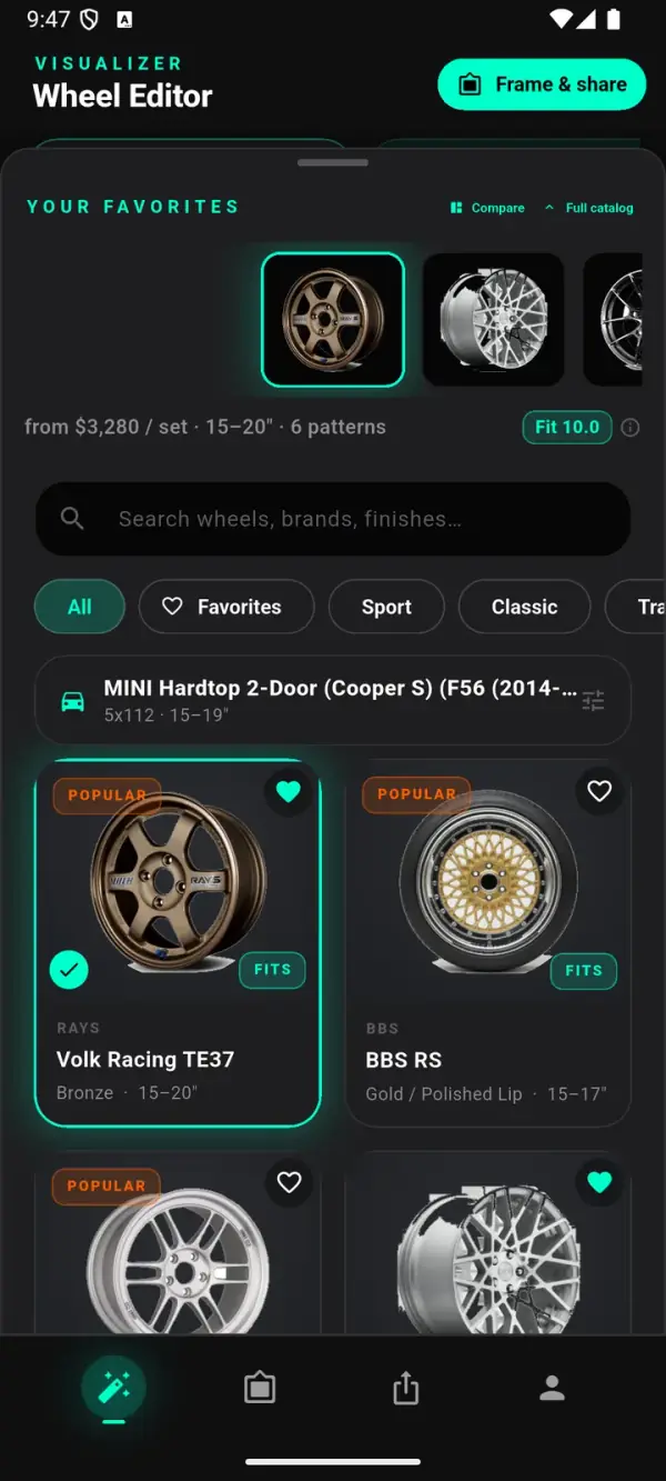 WheelPeek in-app catalog of real aftermarket wheels with search, a favorites deck and FITS badges against the current car