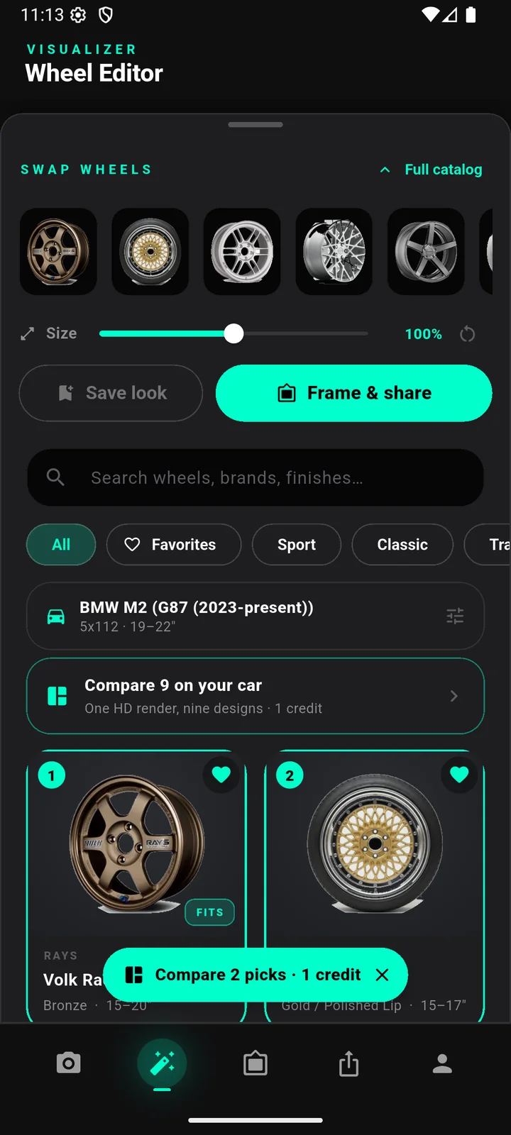 WheelSwap in-app wheel catalog with search, Favorites and Sport filters, FITS badges, a BMW M2 5x112 fitment header and Compare picks for a Volk Racing and a BBS wheel