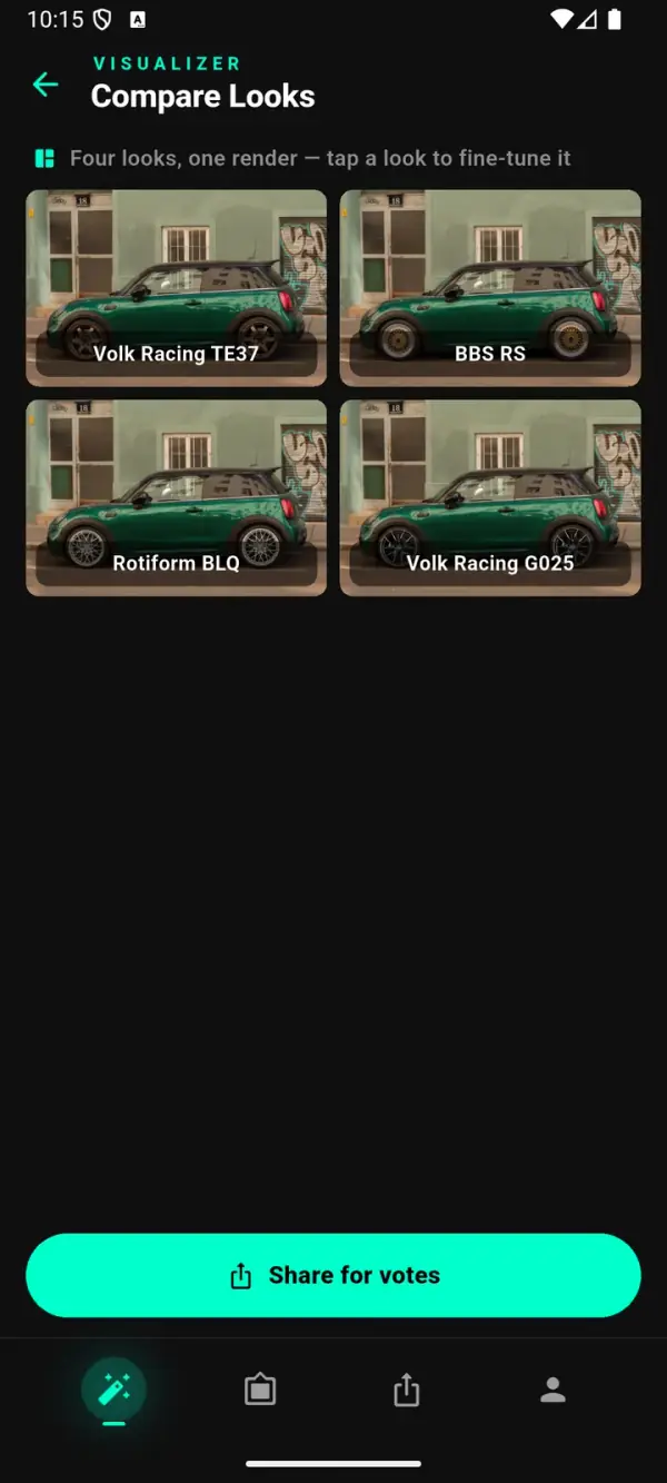 WheelPeek 2x2 comparison of the same green MINI Cooper S rendered with four different aftermarket wheels