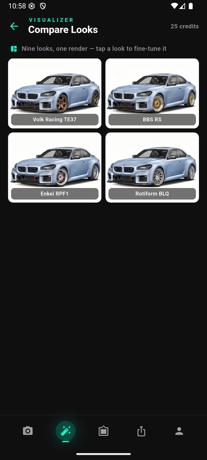 WheelSwap Compare Looks screen showing a 2x2 grid of the same BMW M2 rendered with Volk Racing TE37, BBS RS, Enkei RPF1 and Rotiform BLQ wheels