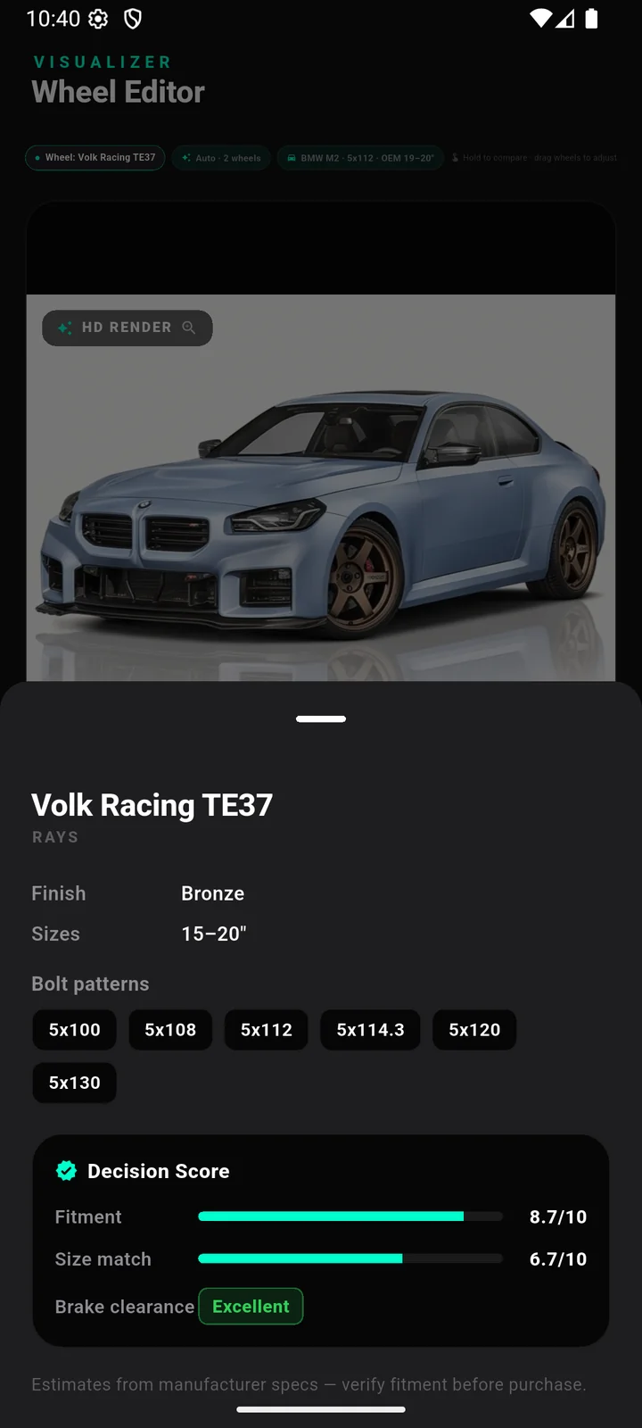 WheelSwap wheel details sheet for the Volk Racing TE37 showing bolt patterns and a Decision Score with Fitment 8.7 out of 10, Size match 6.7 out of 10 and Excellent brake clearance