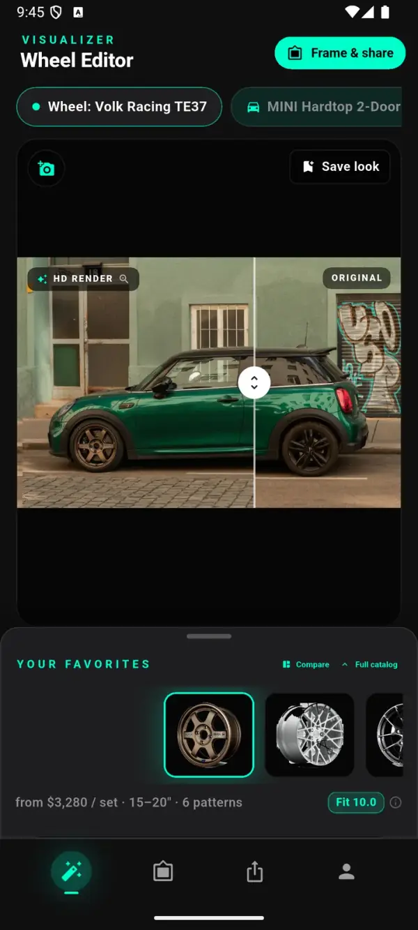 WheelPeek editor showing a before/after slider on a photorealistic HD render of bronze wheels on a green MINI Cooper S, with the original wheels tagged ORIGINAL and an HD RENDER badge