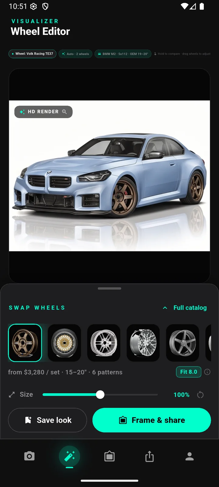 WheelSwap wheel editor showing a photorealistic HD render of bronze Volk Racing TE37 wheels on a blue BMW M2, with a FITS score and BMW M2 5x112 OEM size line
