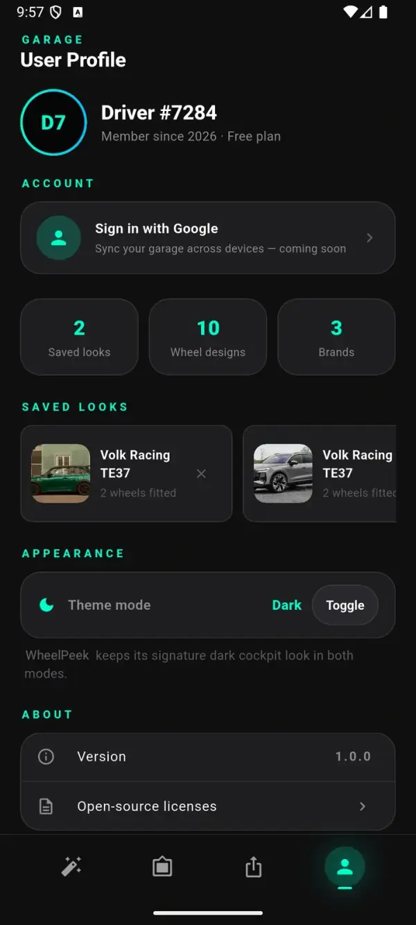WheelPeek garage screen showing a saved look on a green MINI Cooper S, saved-looks and favorite-brand stats, and a theme row, with no sign-in required