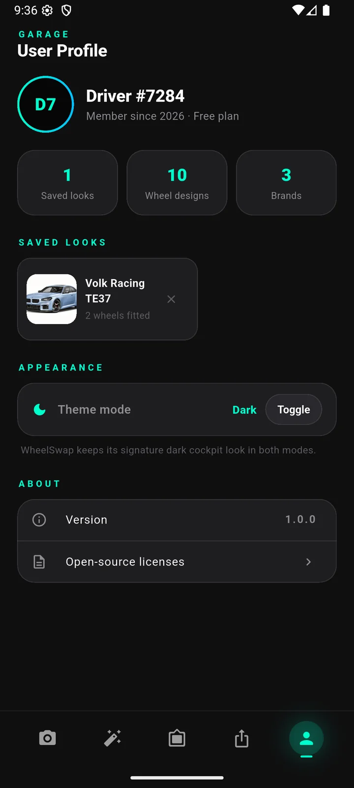 WheelSwap garage and saved looks screen showing a saved Volk Racing TE37 look with two wheels fitted, counts for saved looks, wheel designs and brands, and a dark theme toggle