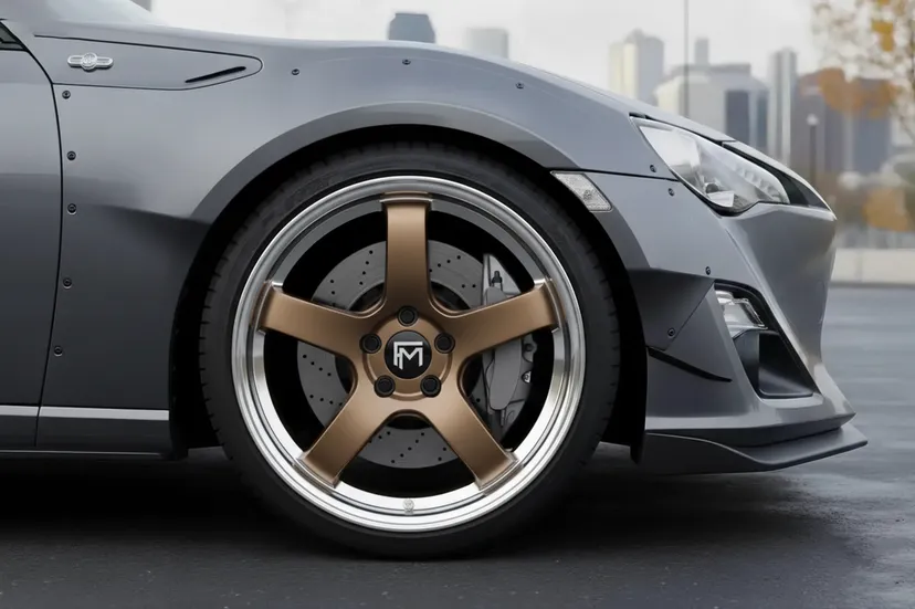 La simulation de jantes sur la photo : la même Toyota 86, chaussée de jantes Forged Metallics FM05 Ronin bronze après rendu