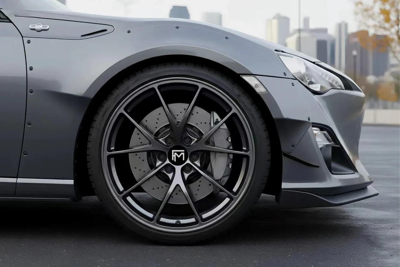 Original photo: a grey Toyota 86 sports coupe with dark Forged Metallics FM01 Stratos wheels