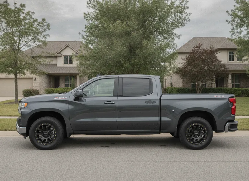 Photoreal WheelPeek render of a dark grey Chevrolet Silverado 1500 fitted with Method MR305 NV wheels in Matte Black