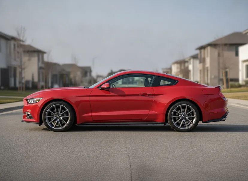 AI-generated demo Ford Mustang on its factory wheels — the unmodified photo before the wheel swap
