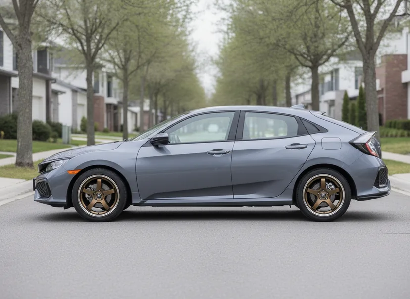 Photoreal WheelPeek render of a sonic gray Honda Civic hatchback fitted with gloss bronze Forged Metallics FM05 Ronin wheels, side profile — AI-generated demo car