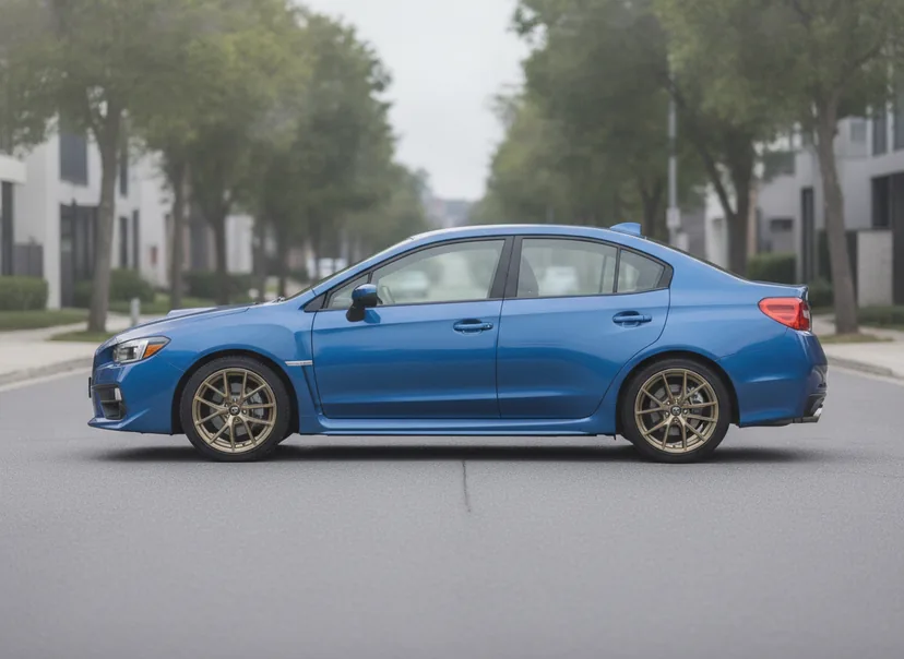 Photoreal WheelPeek render of a World Rally Blue Subaru WRX fitted with satin gold Forged Metallics FM02 Overdrive wheels, side profile — AI-generated demo car