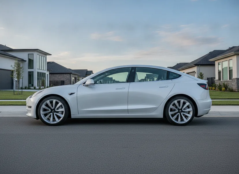 AI-generated demo Tesla Model 3 on its factory wheels — the unmodified photo before the wheel swap