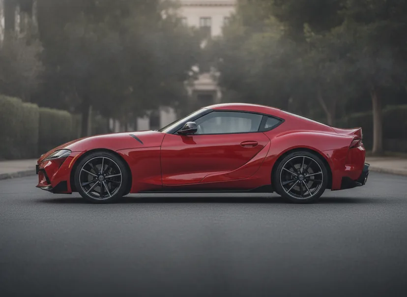 AI-generated demo Toyota GR Supra on its factory wheels — the unmodified photo before the wheel swap